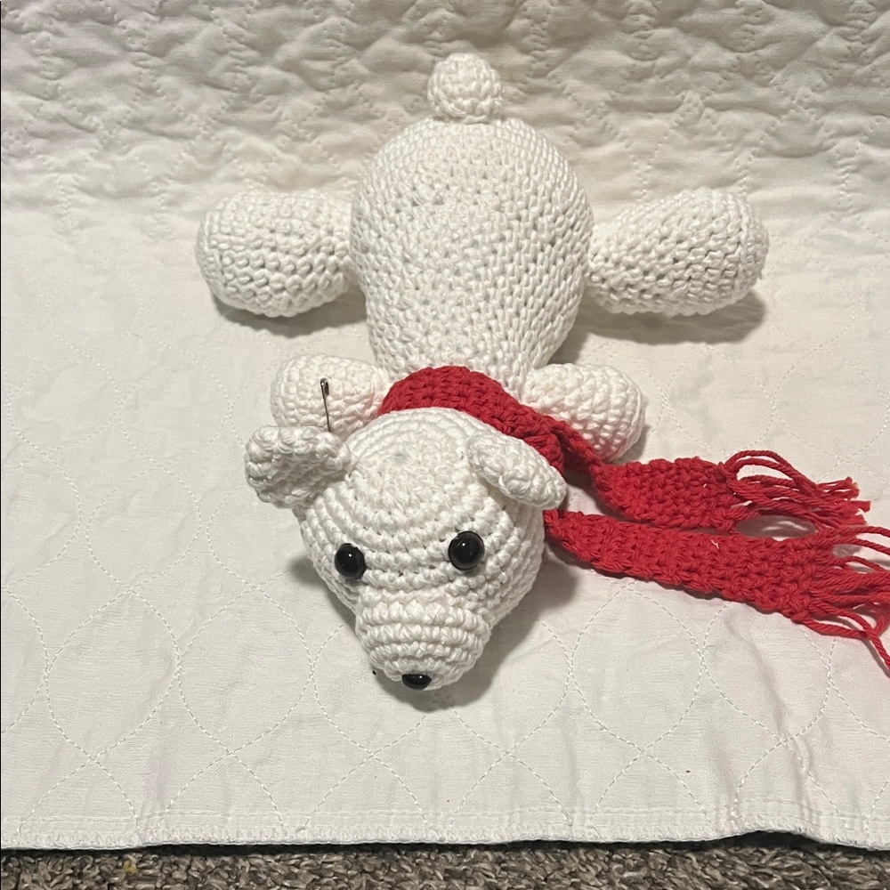 Handmade White Crochet Polar Bear Plush with Red Scarf